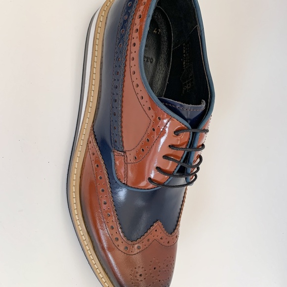 Brown-Navy Blue Wingtip Derby Leather Dress Shoe